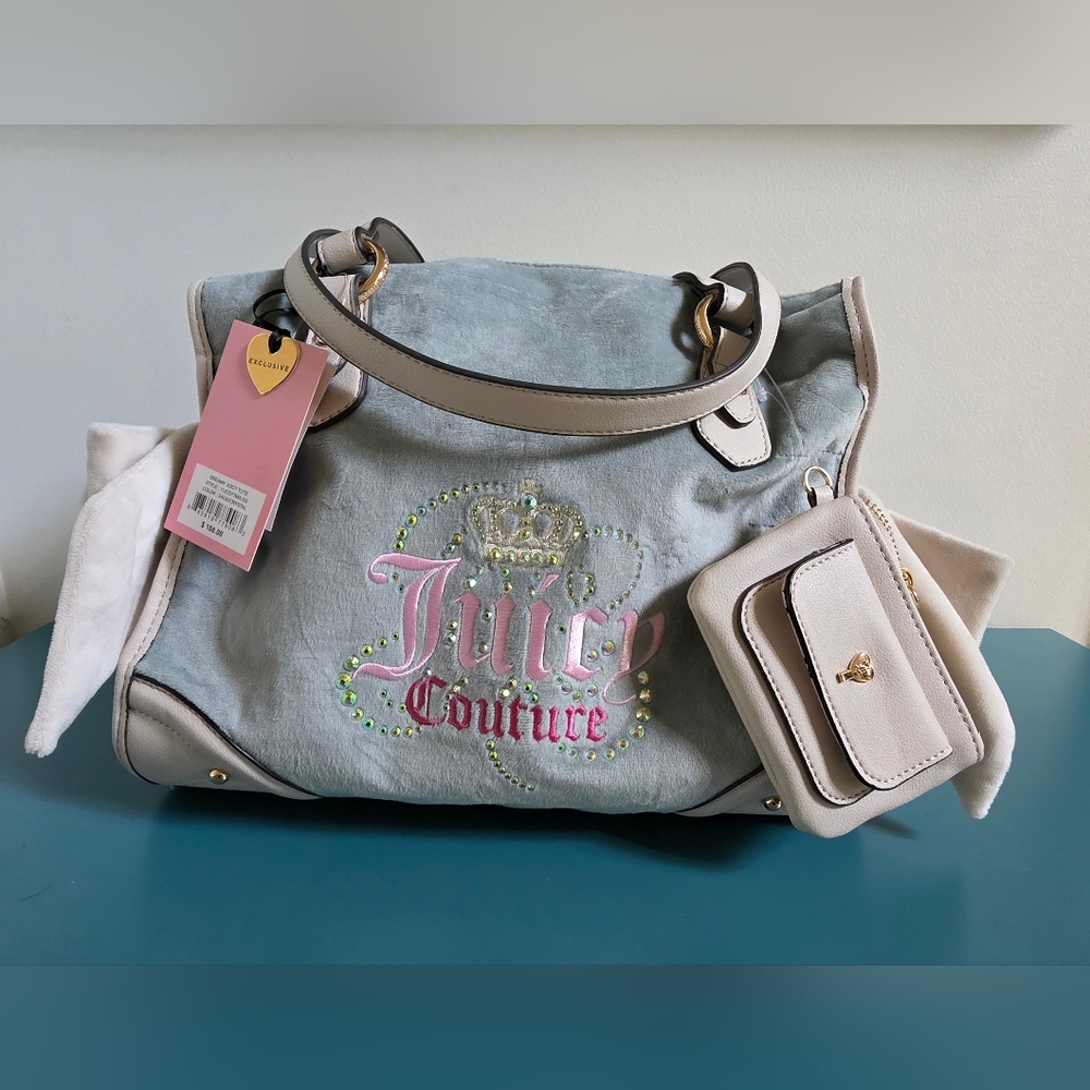 Juicy Couture Dreamy Tote Bling Bow Side Bag Light Sage / Blue W Coin Pouch